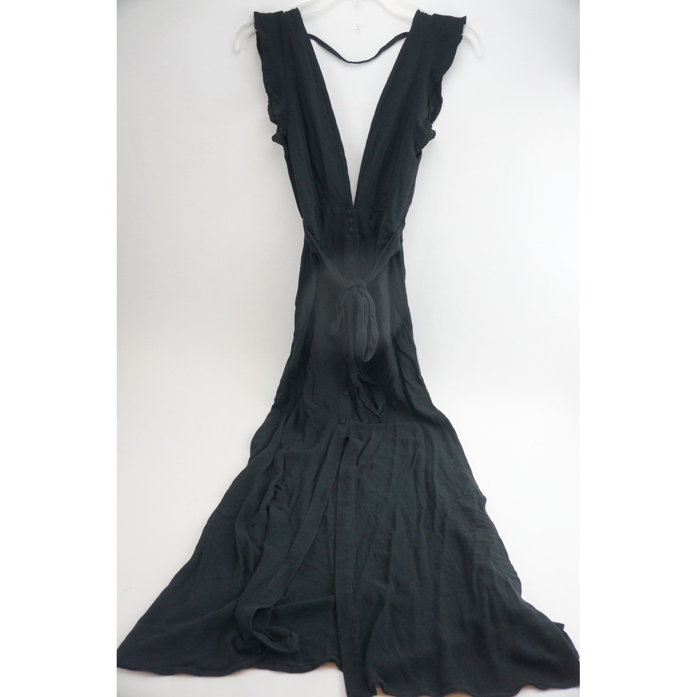 Maaji Maxi Dress Small Black Ruffle V-Neck Button Front‎ Tie Waist Excellent